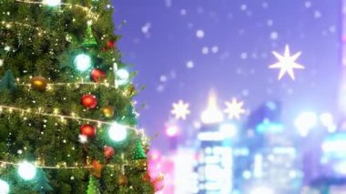 Arka planda karlı ve bulanık şehir gece lambaları olan Noel ağacı, 4K animasyon arka planı, 3D görüntüleme