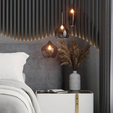 Modern bir yatak odası şık kolye ışıkları, nötr renk paleti ve dekoratif bitkiler, rahat ve davetkar bir atmosfer yaratıyor. 3d biçimlendirme iç mimarisi.