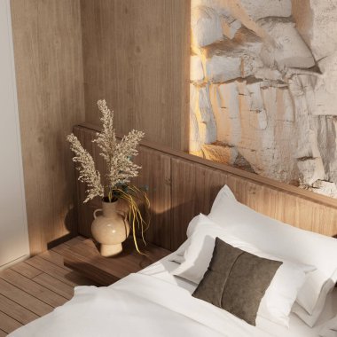 Doğal ahşap elementler, yumuşak yatak örtüleri ve dekoratif bitkilerle dolu, rahat ve davetkar bir atmosfer yaratan, huzurlu, modern bir yatak odası..