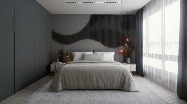 Gri renk paleti, rahat yatak örtüsü ve sakin bir atmosfer yaratan çağdaş dekor unsurları olan modern bir yatak odası. 3D görüntüleme sahne 4K video.