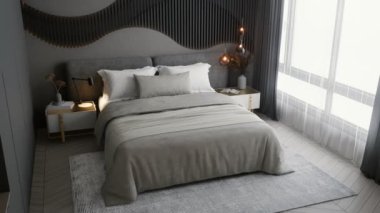 Tarafsız çarşafları, dekoratif yastıkları, desenli duvar tasarımları ve geniş pencereli geniş doğal ışığı olan modern bir yatak odası. 4K video içerisindeki 3D görüntüleme.
