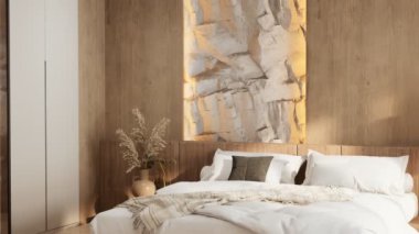 3 boyutlu iç mekan, ahşap bir yatak odası, doğal dekor, büyük pencereler ve toprak renginde bir palet içeriyor..