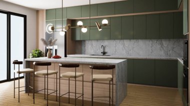 Yeşil dolaplı, mermer tezgahlı modern bir mutfak.,