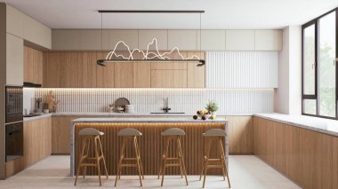 Ahşap dolaplı, parlak ışıklı modern bir mutfak.