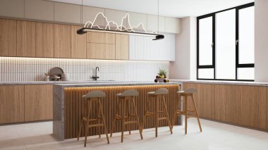 Ahşap dolaplarla dolu modern bir mutfak. Parlak bir ada.