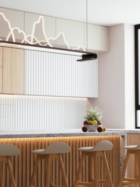 Modern bir mutfak tasarımı. Gösterişli bir dolap, bir minimalist. 