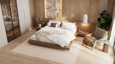 Ahşap bir yatak odası, nötr tonlar, şık bir sandalye ve dekoratif bir duvar, rahat ve davetkar bir atmosfer yaratıyor. 4K video 3d görüntüleme içerisi.