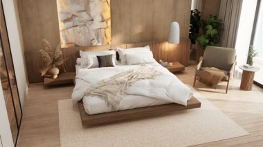 Geniş bir yatak odası, doğal malzemeler, yumuşak dokular ve doğal ışıkla aydınlatılmış sıcak renklerin 4K görüntüsü. 3d biçimlendirme iç mimarisi.