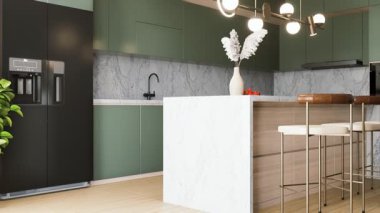 İçinde yeşil dolaplar, mermer tezgah, şık kolye ışıkları ve minimalist estetik olan modern bir mutfak. 3D canlandırma 4K iç canlandırma.