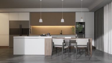 Ahşap dolaplar, şık sandalyeler ve doğal ışıkla minimalist tasarımı olan modern bir mutfak yemek alanı. 3d görüntüleme 4K.