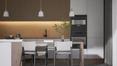 Modern mutfak tasarımı. Minimalist dekorasyon, doğal ışık ve gösterişli mobilyalar. 3D görüntüleme 4K.