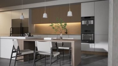 Ahşap dolaplar, şık sandalyeler ve doğal ışıkla minimalist tasarımı olan modern bir mutfak yemek alanı. 4K 'da 3D iç yemek odası..