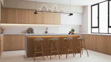 Ahşap dolaplar, bar tabureleri ve şık ışıklandırmalarla dolu ferah bir ada, sıcak ve davetkar bir atmosfer yaratıyor. 3d biçimlendirme iç mimarisi.