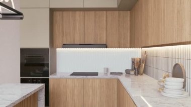 Gösterişli dolaplar, mermer tezgahlar ve şık ışıklandırmalarla dolu modern bir mutfak, sıcak ve davetkar bir mutfak alanı yaratıyor. 3D görüntüleme 4K iç daire.