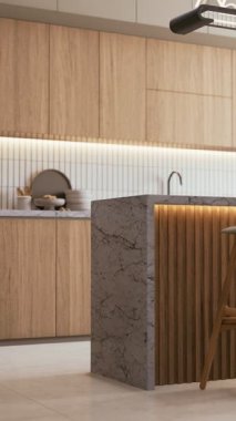Ahşap dolap, mermer tezgah, minimalist tasarım ve yumuşak ışıklandırmayla aydınlatılmış parlak armatürlerin yer aldığı modern bir mutfak. 3d oluşturma.