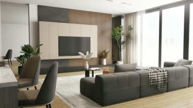 3D canlandırma, gösterişli bir TV ünitesi, rahat bir kanepe, dekoratif bitkiler ve büyük pencerelerden gelen doğal ışık içeren modern bir oturma odası..