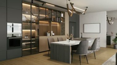 Modern mutfak, gösterişli dolaplar, zarif ışıklandırma ve güncel tasarımla işlevselliği birleştiren geniş bir yemek alanı içeriyor. 3D görüntüleme 4K.
