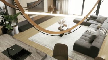 Bölgesel kanepe, minimalist dekor, sehpa ve geniş pencereli geniş doğal ışık alan modern bir oturma odası. 3D canlandırma 4K.