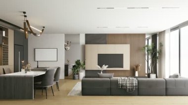 Şık bir kanepe, yemek alanı ve geniş pencereli, doğal ahşap ve çağdaş tasarım elementlerinin karışımından oluşan modern, açık bir yaşam alanı. 3d canlandırma yakınlaştırma görüntüsü.