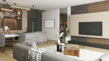 3D canlandırma animasyonu, gösterişli bir tasarımı, rahat bir koltuğu, şık bir kahve masası ve sıcak ahşap tonlarıyla ve minimalist dekoruyla rahat bir yemek alanı olan modern bir oturma odası..