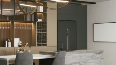 Modern mutfak iç dekorasyonunun 4K videosu. Minimalist estetik, şık bir dolap ve çağdaş ışıklandırmayla donatılmış şık bir tasarım. 3d oluşturma.
