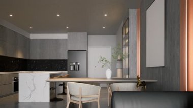 Modern, zarif bir yaşam alanı, rahat bir oturma alanı, şık bir yemek masası ve büyük pencerelerden gelen doğal bir ışık. 3d görüntüleme iç görüntü 4K.