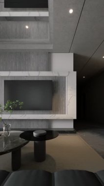 Gösterişli bir kanepe, dekoratif elementler ve doğal ışığın boşluğu doldurmasına izin veren geniş pencereli modern bir oturma odası. 3d içeriden 4K görüntüsü dikey olarak oluşturuluyor.