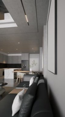 3D dikey video 4K modern, zarif tasarlanmış yaşam alanı rahat bir oturma alanı, şık bir yemek masası ve büyük pencerelerden gelen doğal ışık..