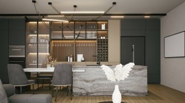 Modern bir mutfak, gösterişli bir dolap, mermer bir ada, şık bir oturma odası, ve ortam aydınlatması, çağdaş iç tasarımı sergilenen. 3d oluşturma.