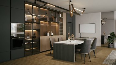 Modern kitchen featuring sleek cabinetry, elegant lighting, and a spacious dining area, combining functionality with contemporary design. 3d rendering.	