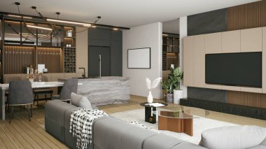 Pürüzsüz bir tasarımı, rahat bir koltuğu, şık bir kahve masası ve sıcak ahşap tonlu ve minimalist dekorlu rahat bir yemek odası olan modern bir oturma odası. 3d oluşturma.