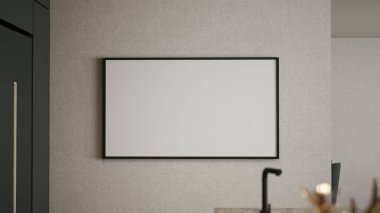 Minimalist, boş çerçeveli bir resim desenli bir duvara asılarak odada zarif ve modern bir estetik oluşturuyor. 3d oluşturma.