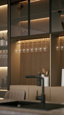 Modern bir mutfak, gösterişli bir dolap, sıcak bir ışık ve şık bir dekor, davetkar bir atmosfer yaratıyor. 3d oluşturma.