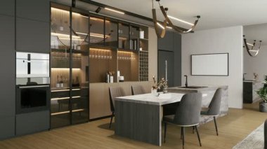 Modern mutfak, gösterişli dolaplar, zarif ışıklandırma ve güncel tasarımla işlevselliği birleştiren geniş bir yemek alanı içeriyor. 3D görüntüleme 4K.