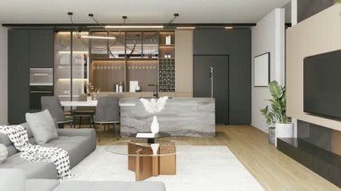 Modern bir mutfak, gösterişli bir dolap, mermer bir ada, şık bir oturma odası, ve ortam aydınlatması, çağdaş iç tasarımı sergilenen. 3d canlandırma canlandırması.