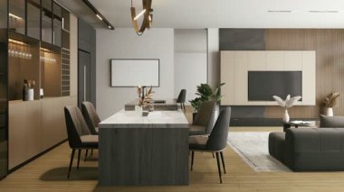Şık bir kanepe, yemek alanı ve geniş pencereli, doğal ahşap ve çağdaş tasarım elementlerinin karışımından oluşan modern, açık bir yaşam alanı. 3D görüntüleme 4K