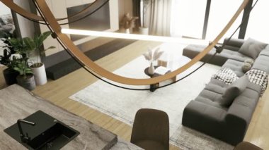 Bölgesel kanepe, minimalist dekor, sehpa ve geniş pencereli geniş doğal ışık alan modern bir oturma odası. 3D canlandırma 4K.