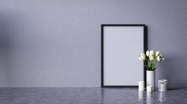Boş bir çerçeve, vazoda beyaz çiçekler ve desenli gri bir duvara yaslanmış mumlar içeren minimalist bir dekor. 3d boş çerçeve kopyalama alanı reklamı için duvara yerleştiriliyor.