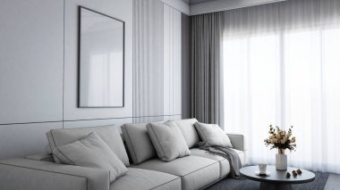 A modern, minimalist living room featuring a light gray sofa, large windows with sheer curtains, and a decorative coffee table with flowers. 3d rendering.	