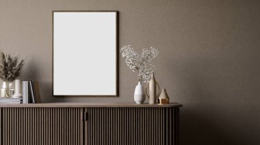 A stylish interior scene featuring a minimalist cabinet, vases, books, and a blank frame, creating a calm and modern ambiance.	