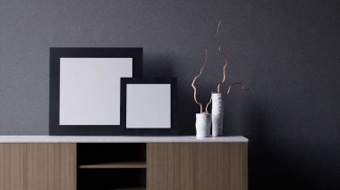 Ahşap bir dolapta dokulu bir duvara karşı çerçeveli sanat ve dekoratif vazoların olduğu minimalist bir iç mekan. 3d oluşturma.