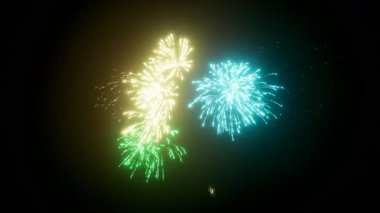 Gece gökyüzü 4K videosunda renkli havai fişekler. Kutlama festivali ve etkinlik için mükemmel. 3d oluşturma.