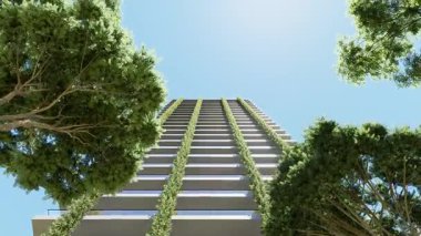 Modern çevre dostu bina sürdürülebilir mimari tasarım konsepti. 3d oluşturma.