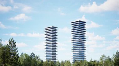 Doğayla iç içe modern gökdelen mimarisi. 3d görüntüleme 4K.