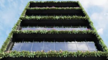 Modern yeşil bina cephesi, sürdürülebilir mimari tasarım. 3d oluşturma.