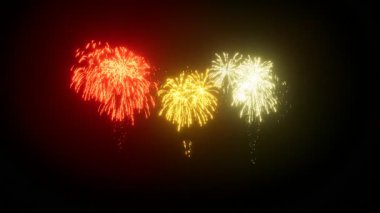 3D görüntüleme. Noel 'i, Yeni Yılı, Bağımsız Günü, bayramı, etkinliği ve festivali kutlamak için gecenin karanlığında altın havai fişekler.