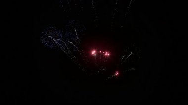 3D görüntüleme. Parlak pembe, sarı, mavi ve turuncu parıltıların yer aldığı canlı, renkli bir havai fişek gösterisi. Bayram kutlaması için mükemmel.