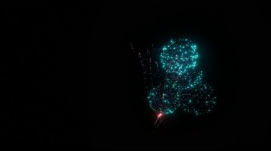 Noel 'i, yeni yılı ya da havai fişek festivalini kutlamak için gece gökyüzünde yeşil ve renkli havai fişekler. 3D görüntüleme 4K.