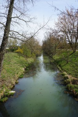 Bahar bitkileriyle çevrili Wuhle nehri. Berlin, Almanya 