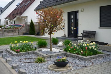 Baharda Paskalya yumurtalarıyla süslenmiş dallar dikin. Berlin, Almanya